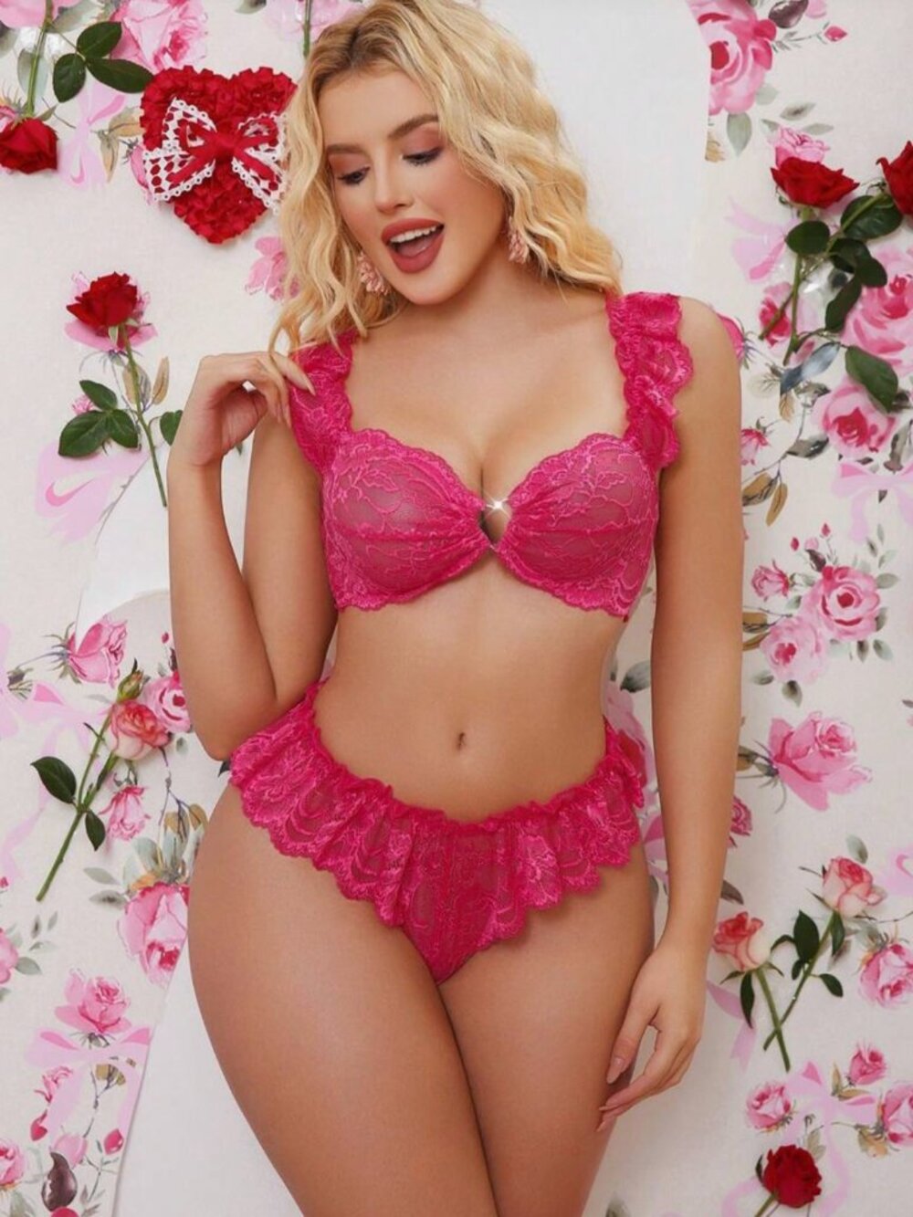 Sexy Shein Floral Lace Heart Ruffle Bralette & Panty Set Pink